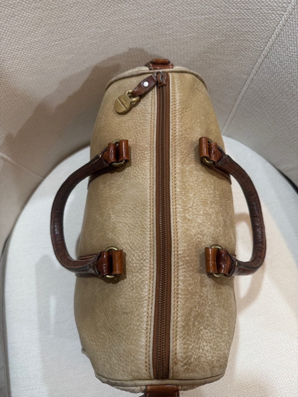 Furla Vintage Two-Tone Tan and Brown Leather Satchel Bag Rare - Picture 3 of 7